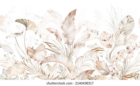 Tropical Seamless Border. Beige Background Design - Wallpaper With Watercolor Exotic Leaves