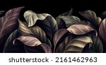 Tropical seamless border. Luxury illustration. Exotic green, beige, brown, pink, golden leaves. Vintage mural, 3d wallpaper, dark watercolour texture, floral background. Modern art, wall, paper, cloth