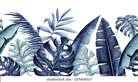 Tropical Seamless Border of Watercolor Palm, Monstera and BananaLeaves