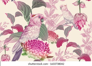 Tropical Seamless Floral Pattern. Exotic Birds Parrots On Branches Of Tree. Nature Illustration Vintage Leaves, Flowers And Pink Cockatoo. Wildlife. For Paper, Hawaiian, Summer Textile, Wallpaper