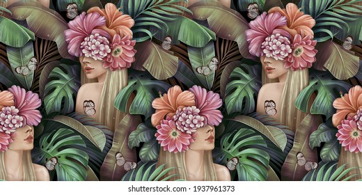 Tropical seamless pattern with beautiful blonde women, bouquets of hibiscus, plumeria, cactus flowers, monstera, palm, banana leaves, butterflies. Hand-drawn vintage 3D illustration for lux wallpapers