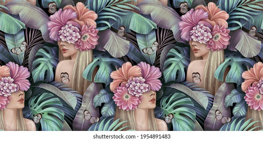 Tropical Seamless Pattern With Beautiful Blonde Women, Bouquets Of Hibiscus, Plumeria, Cactus Flowers, Butterflies, Monstera, Palm, Banana Leaves. Hand-drawn Vintage 3D Illustration For Lux Wallpapers