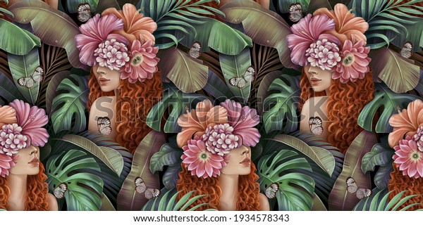 Tropical seamless pattern with beautiful curly redhead women, bouquets of hibiscus flowers, plumeria, monstera, palm, banana leaves, butterflies. Hand-drawn vintage 3D illustration for lux wallpapers