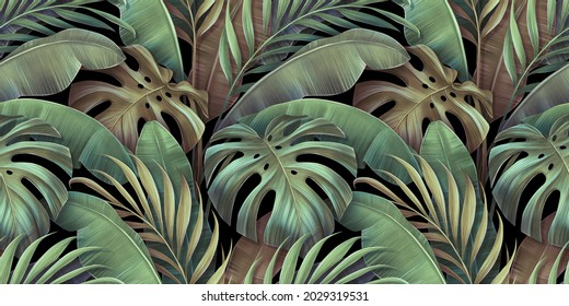 Tropical seamless pattern with beautiful monstera, palm, banana leaves. Hand-drawn vintage 3D illustration. Glamorous exotic abstract background. Good for luxury wallpapers, cloth, fabric printing - Powered by Shutterstock