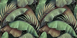 Tropisch Naadloos Patroon Met Prachtige Palm, Bananenbladeren. Handgetekende Vintage 3D-illustratie. Glamoureus Exotisch Abstract Achtergrondontwerp. Goed Voor Luxe Behang, Stoffen, Stoffen Druk Werk, Goederen