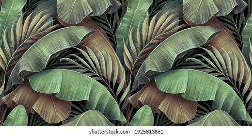 Tropical seamless pattern with beautiful palm, banana leaves. Hand-drawn vintage 3D illustration. Glamorous exotic abstract background design. Good for luxury wallpapers, cloth, fabric printing, goods
