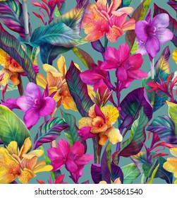 Tropical seamless pattern with bright exotic Cannes flowers. Background with watercolor flowers and leaves