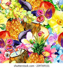 Tropical Seamless Pattern With Coconut Cocktail, Fruits And Tropical Flowers. Watercolor Painting.