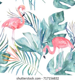 Tropical Seamless Pattern With Flamingo And Leaves. Watercolor Summer Print. Exotic Hand Drawn Illustration