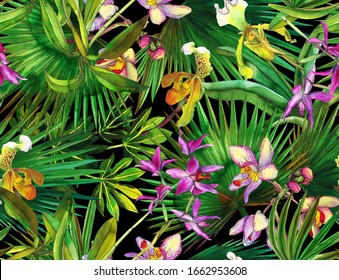 Tropical seamless pattern with tropical flowers, banana leaves. Painted in watercolor on a white background.