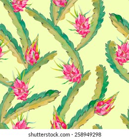 Tropical seamless pattern. Tropical fruits pattern. Exotic leaves and fruit. Dragonfruit, pitaya,pitahaya. Pitaya is the plant in Cactaceae family or Cactus.