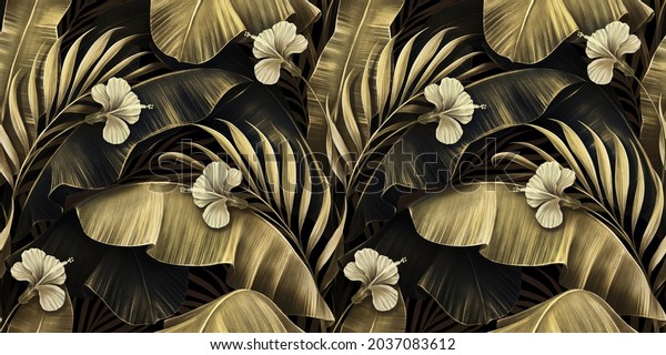 Tropical seamless pattern with golden vintage palm leaves, hibiscus flowers, banana leaves. Hand-drawn premium 3D illustration. Glamorous exotic background. Good for luxury wallpapers, mural