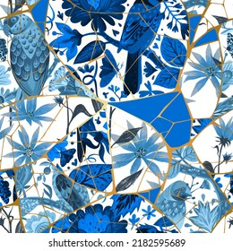 Tropical seamless pattern in Kintsugi style. Cracked ceramic tile with exotic plants and birds. Japanese technique with broken porcelain glued with gold. Patchwork with folk floral and animal motifs.