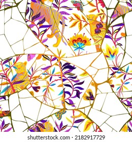 Tropical Seamless Pattern In Kintsugi Style. Cracked Ceramic Tile With Jungle Animals. Japanese Technique With Broken Porcelain Glued With Gold. Patchwork With Leopard And Tiger. Vintage Classic Style