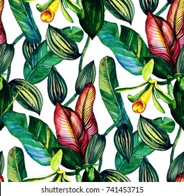 Tropical seamless pattern with vanilla orchid and banana leaves in vintage style