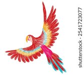 Tropical set, embroidery, palm tree, flower, arara, macaw, parrot, composition, illustration, element, isolated