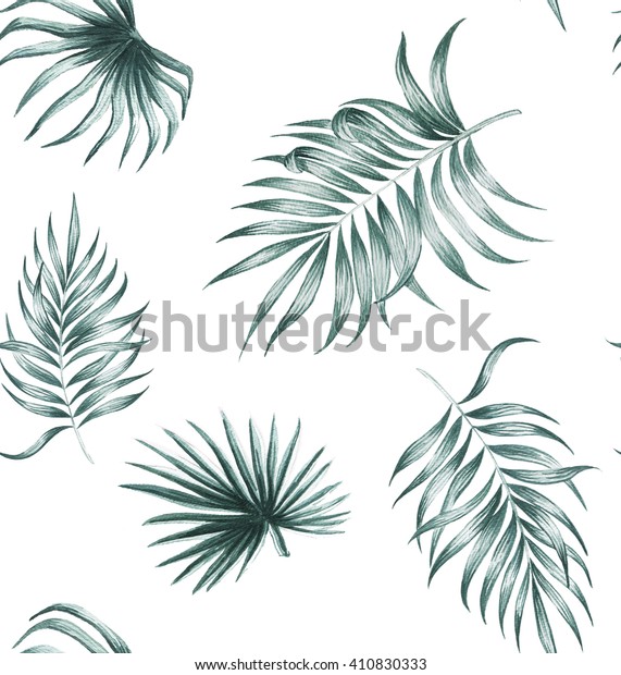 热带丝绸棕榈植物热带异国情调树叶水彩图案无缝春夏夏威夷 设计印花纺织背景 壁纸隔离在白色背景库存插图