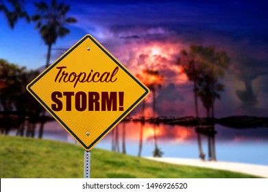 Tropical Storm Sign With Dramatic Sky Blured In Background, Dark Sunset An Tornado On The Beach With Palm Trees