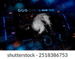 Tropical storm in U.S. Satellite view of hurricane on digital lcd display with reflection. Concept of super typhoon, cyclone, tropical storm, and windstorm. Elements of this image. 3D Illustration