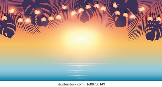 tropical summer paradise background with fairy light and palm leaves illustration - Powered by Shutterstock