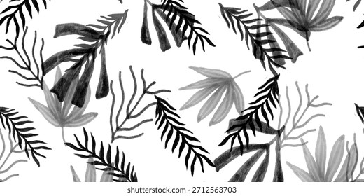 Tropical Tree Pattern. Gray Leave Wind. Black Drawing Tropical Leaf. Background Palms. Watercolor Banana Tree. Silver Palm Texture Illustration. Banana Leaf Posters.