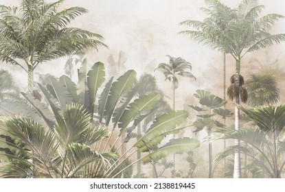 Tropical Trees And Leaves For Digital Printing Wallpaper, Custom Design Wallpaper - 3D Illustration
