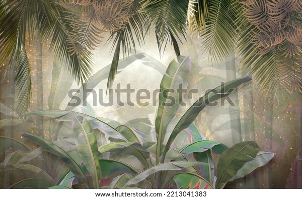 Print your own tropical trees and leaves digital wallpaper, custom design- 3D illustration. 