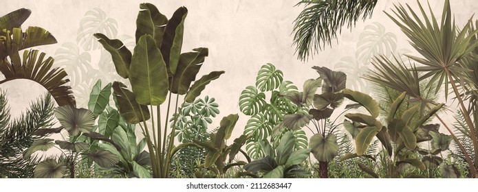 tropical trees and leaves in foggy forest wallpaper design - 3D illustration
