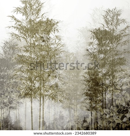 tropical trees and leaves in foggy forest wallpaper design - 3D illustration Imagine de stoc © 