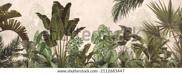 tropical trees and leaves in foggy forest wallpaper design - 3D illustration 