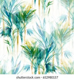 tropical trees seamless pattern. abstract watercolor hand drawn picture. mixed media artwork for textiles, fabrics, souvenirs, packaging and greeting cards. 