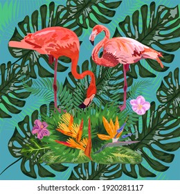 Tropical trendy seamless pattern with pink flamingos and mint green palm leaves. Exotic art background. Design