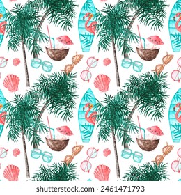 Tropical vacation watercolor seamless pattern. South, sea. Palm trees, coconut, cocktail, sunglasses, shells, surfboard. Bright colors. White background. For printing on fabric, textiles, paper, cards - Powered by Shutterstock