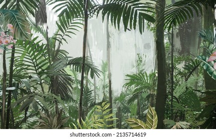 Tropical Vintage Botanical Illustration, Palm Tree, Plant Floral Border Background. Exotic Green Jungle Background And Wallpaper Wall Mural, Forrest, Rainforest, Green Jungle Wallpaper, Natural Exotic