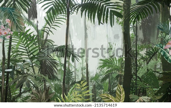 Tropical vintage botanical illustration, palm tree, plant floral border background. Exotic green jungle background and wallpaper wall mural, Forrest, Rainforest, Green Jungle Wallpaper, Natural Exotic