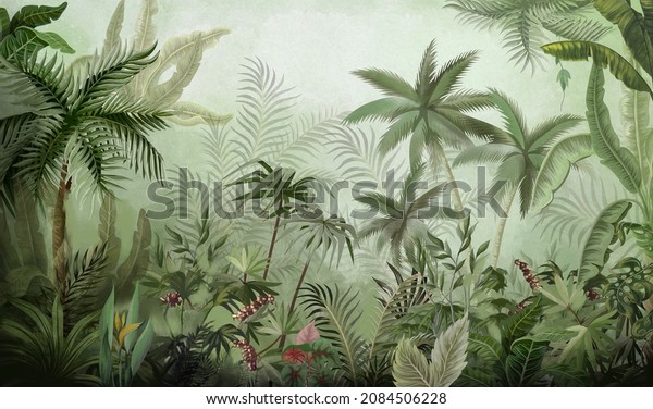 Tropical vintage botanical landscape illustration, palm tree, plant floral border background. Exotic green jungle background and wallpaper, Forrest, Rainforest, Plant and Nature Illustration.