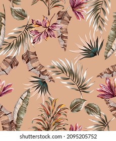 熱帯のビンテージの葉のカラフルなシームレスな模様のイラスト。ラクダの色の背景にエキゾチックなヤシの葉、植物性植物、枝。のイラスト素材