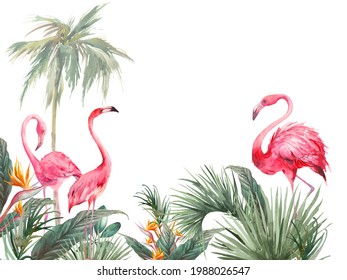 Tropical wallpaper design. Illustration with palm tree, exotic leaves and flamingos. Pink birds and jungle flora isolated on white background.  - Powered by Shutterstock