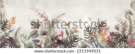 Tropical wallpaper design with paper texture background. Illustration with tropical leaves, flowers and hummingbird. Seamless texture. Monstera and palm leaves.Bird of paradise flower.