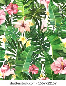 Tropical Wallpapers Palm Leaves Monstera Hibiscus Stock Illustration ...