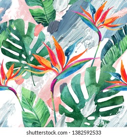 Tropical watercolor bird-of-paradise flower and tropical leaves on rough brush strokes background. Watercolor florals on acrylic blots texture. Hand painted art illustration. Tropical seamless pattern