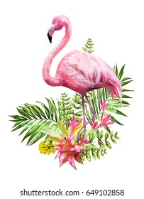 Tropical watercolor flowers. card with floral illustration and bird. Bouquet of flowers isolated on white background. Leaf, Flamingo and buds. Exotic composition for invitation