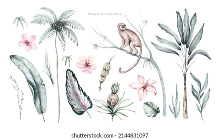 Tropical watercolor monkey and jaguar, exotic jungle plants leaves flowers, babana pastel color seamless fabric background.