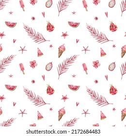 Tropical  watercolor seamless pattern and pink fruits  palm leaves  flowers  Summer background and watermelon slices  dragon fruit  ice cream   tropical leaves 