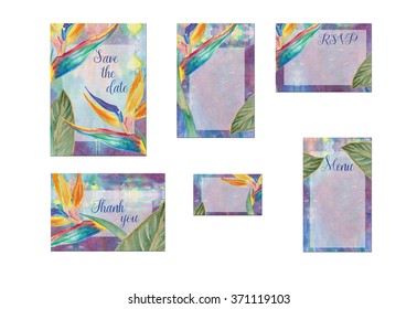 Tropical wedding invitation template suite with bird of Paradise flower and leaves.  Wedding Invitation , RSVP, Save The Date, Menu , Thank You, Table number and Place card. Handmade.