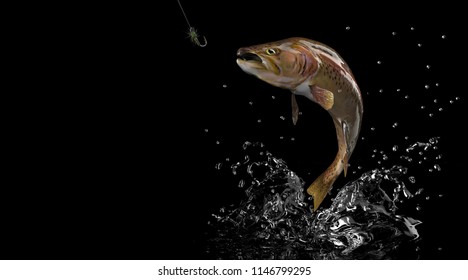 trout fish jumped, black background 3d rendering