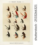 Trout Flies from our own original 1892 edition of Favorite Flies and Their Histories by Mary Orvis Marbury. Vintage Trout Flies art illustration, old Fishing bait art print.