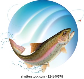 Trout jumping for the bait with water sprays around. Raster. Check my portfolio for a vector version.