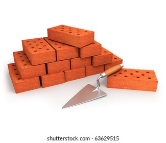 Trowel And Stack Of Bricks Isolated On White