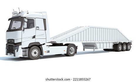 Truck With Bottom Dump Trailer 3D Rendering On White Background